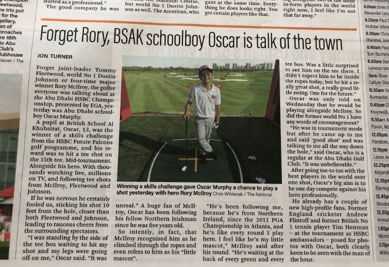 BSAK Student Oscar Meets Golfing Heroes And Makes Headlines All Over The World, At HSBC Abu Dhabi Go